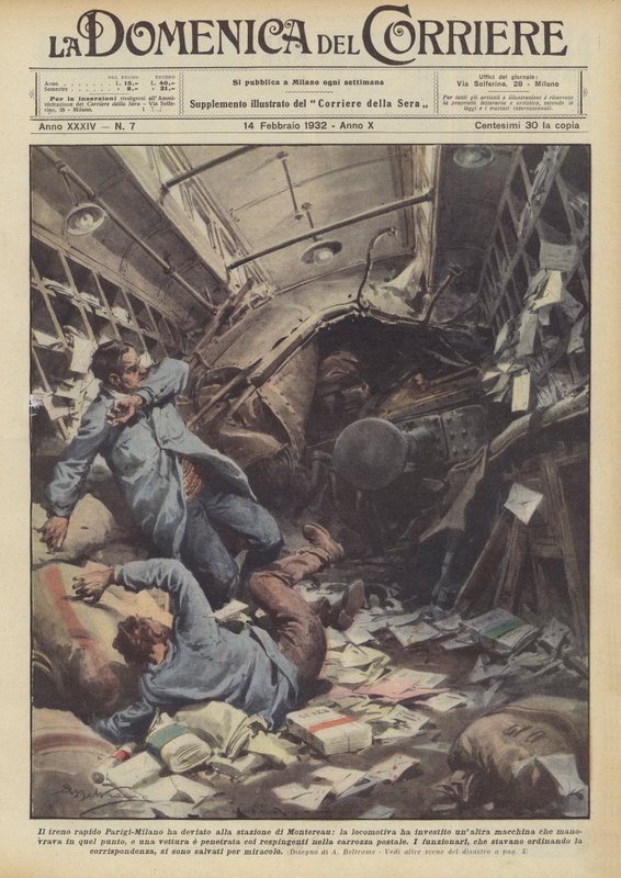 Der Schnellzug Paris-Mailand entgleiste am Bahnhof von Montereau, die Lokomotive erfasste... von Achille Beltrame