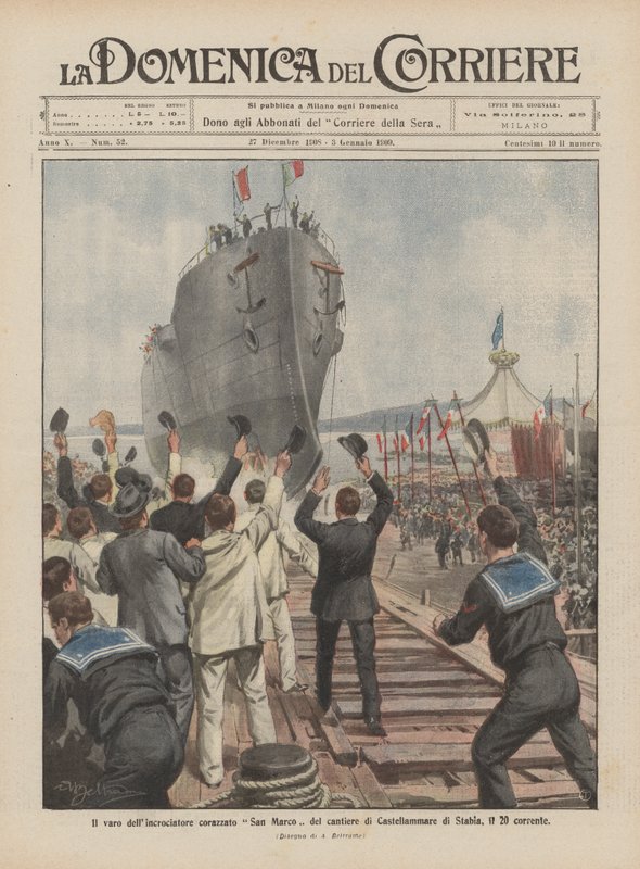 Der Stapellauf des gepanzerten Kreuzers San Marco der Werft von Castellammare di Stabia am 20. dieses Monats von Achille Beltrame