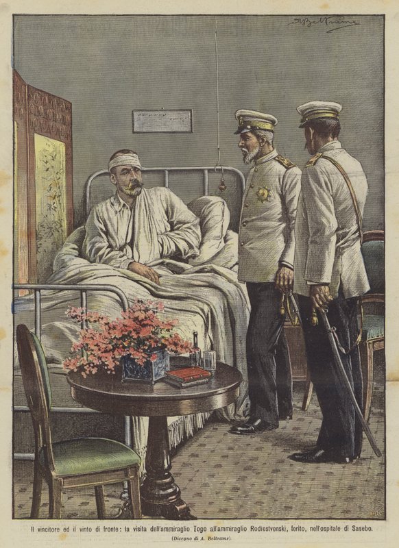 Der Sieger und der Besiegte gegenüber, der Besuch von Admiral Togo bei Admiral Rodiestvenski von Achille Beltrame
