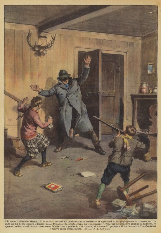 Ich bin der Teufel! Gib mir das Geld! befahl ein maskierter Gauner den Kindern von Achille Beltrame
