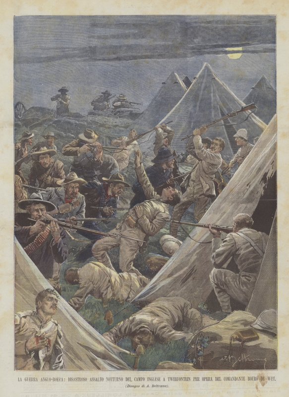Der Anglo-Buren-Krieg, desaströser nächtlicher Angriff auf das englische Lager in Tweefontein durch von Achille Beltrame