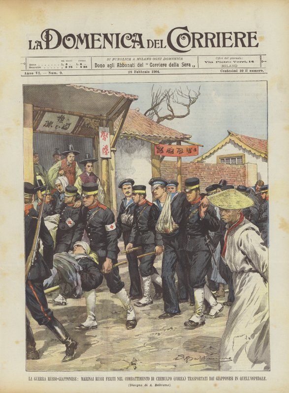 Der Russisch-Japanische Krieg, verwundete russische Matrosen aus der Schlacht von Chemulpo (Korea) werden transportiert von Achille Beltrame