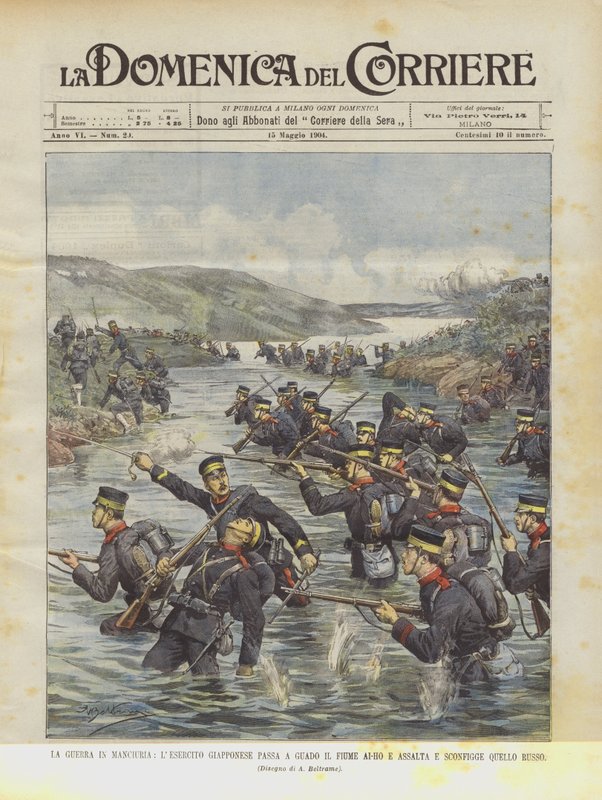 Der Krieg in der Mandschurei, die japanische Armee überquert den Ai-Ho-Fluss und greift die russische Armee an von Achille Beltrame