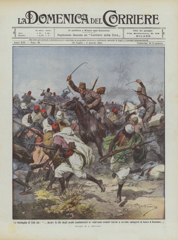 Die Schlacht von Sidi Ali, hinter den Reihen der kämpfenden Araber waren türkische Soldaten zu sehen von Achille Beltrame