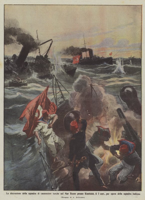 Die Zerstörung der türkischen Kanonenbootflotte im Roten Meer bei Kunfidah am 7. dieses Monats von Achille Beltrame