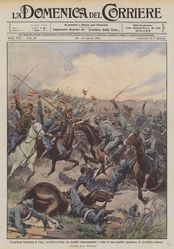 Die große Schlacht von Lüttich, belgische Kavallerie greift mutig an und schlägt vier deutsche Regimenter in die Flucht von Achille Beltrame
