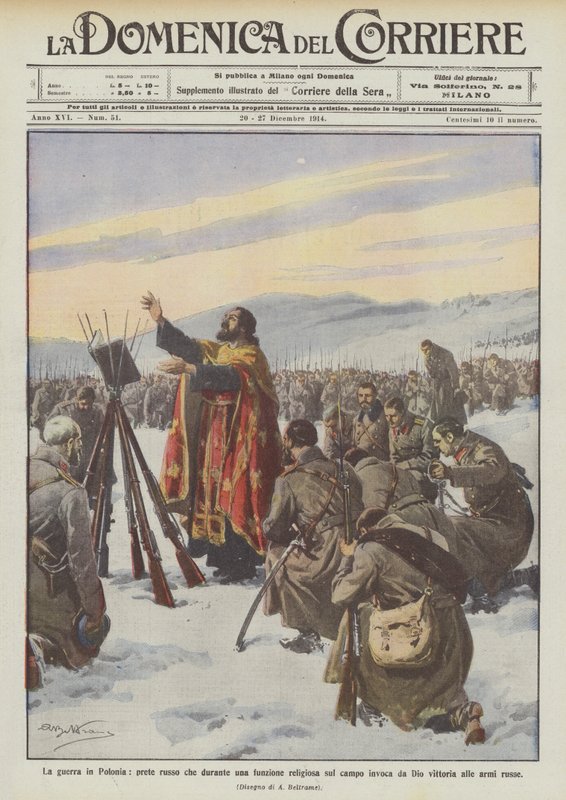 Der Krieg in Polen, russischer Priester, der während einer religiösen Zeremonie auf dem Feld Gott anruft von Achille Beltrame