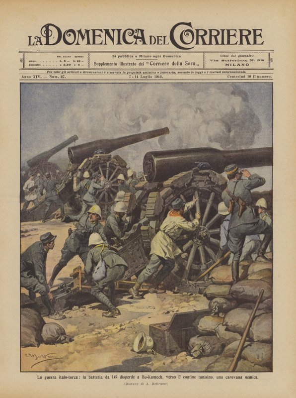 Der italienisch-türkische Krieg, die Batterie von 149 zerstreut in Bu-Kamech, nahe der tunesischen Grenze, eine feindliche Karawane von Achille Beltrame