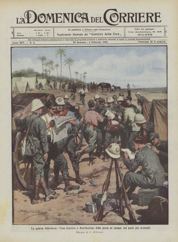 Der italo-türkische Krieg, die Ankunft und Verteilung der Post im Lager, in den am weitesten vorgeschobenen Posten von Achille Beltrame