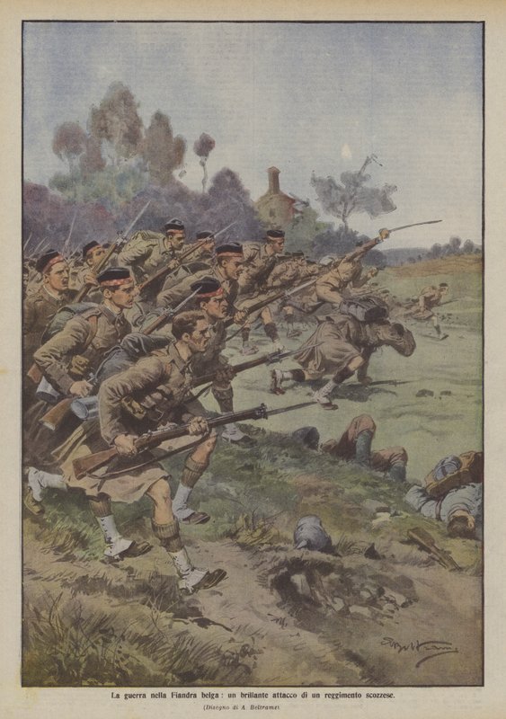 Der Krieg in Flandern, ein brillanter Angriff eines schottischen Regiments von Achille Beltrame