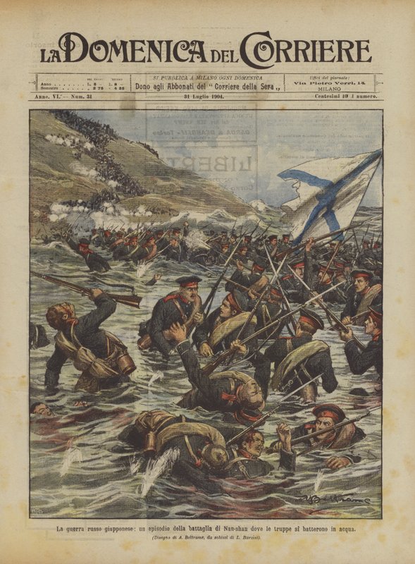 Der russisch-japanische Krieg, eine Episode der Schlacht von Nan-shan, wo die Truppen im Wasser kämpften von Achille Beltrame