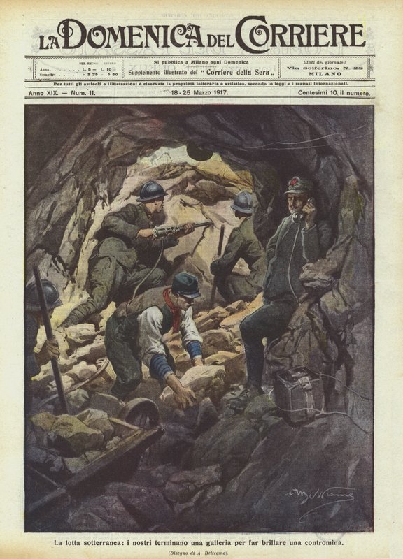 Der unterirdische Kampf, unsere Truppen beenden einen Tunnel, um eine Gegenmine zu zünden von Achille Beltrame