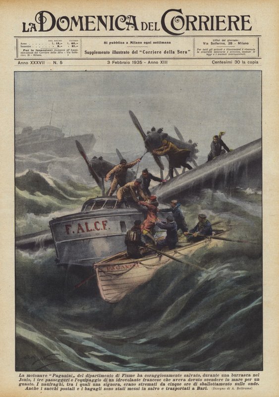 Das Motorschiff Paganini des Departements Fiume hat während eines Sturms mutig gerettet von Achille Beltrame