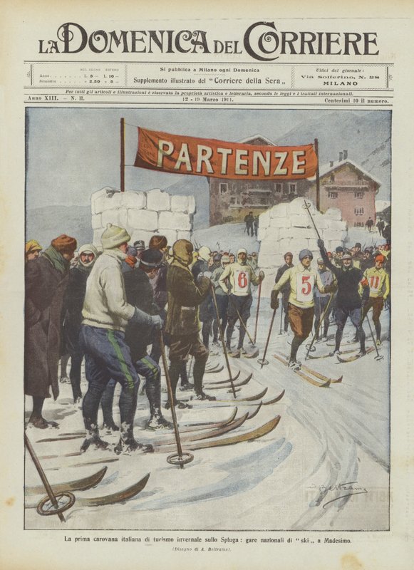 Die erste italienische Wintertourismus-Karawane auf dem Splügenpass, nationale Skirennen in Madesimo von Achille Beltrame