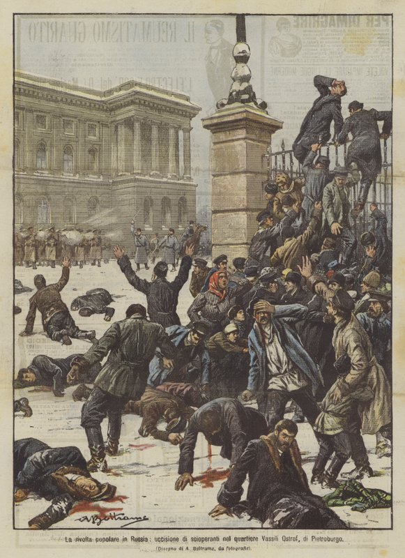 Der Volksaufstand in Russland, Tötung von Streikenden im Viertel Vassili Ostrof in St. Petersburg von Achille Beltrame