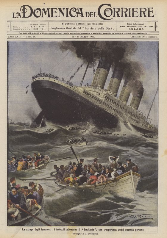 Das Massaker an den Unschuldigen, die Deutschen versenken die Lusitania, die fast zweitausend Menschen transportierte von Achille Beltrame