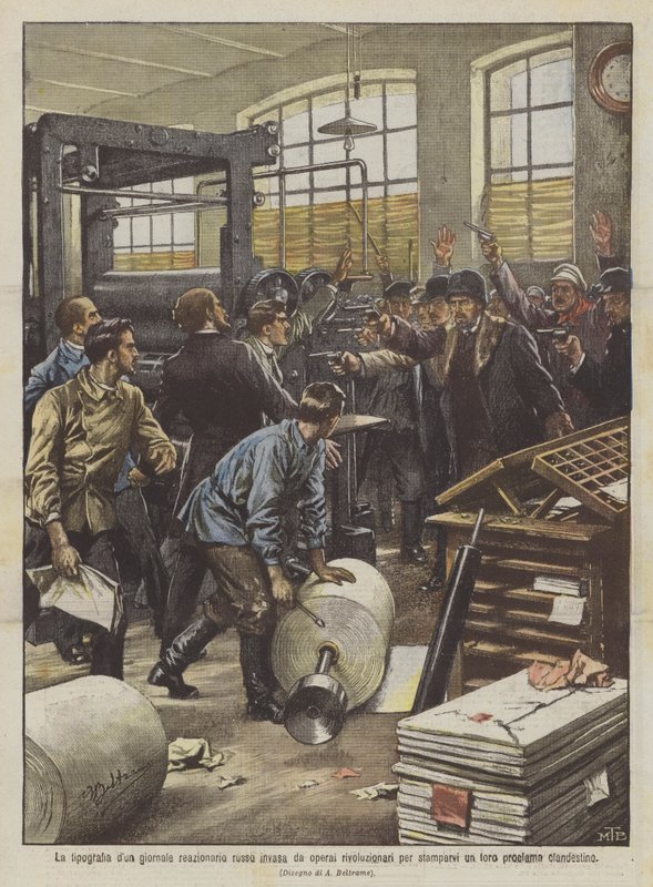 Die Druckerei einer reaktionären russischen Zeitung von revolutionären Arbeitern besetzt, um dort ihre eigenen Drucke zu machen von Achille Beltrame