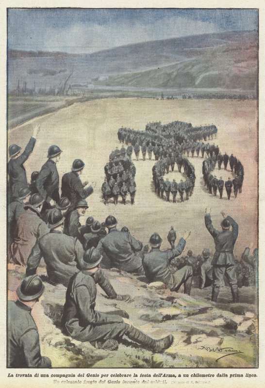 Die Idee einer Pionierkompanie, das Fest der Waffe zu feiern, einen Kilometer von der Frontlinie entfernt von Achille Beltrame
