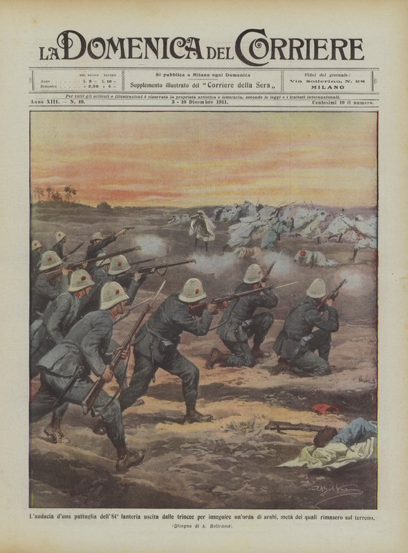 Die Kühnheit einer Patrouille des 84. Infanterieregiments, die aus den Schützengräben ausrückt, um eine Horde Araber zu verfolgen von Achille Beltrame