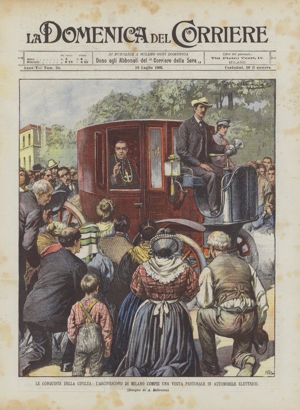 Die Errungenschaften der Zivilisation, der Erzbischof von Mailand macht eine Pastoralvisite in einem Elektroauto von Achille Beltrame
