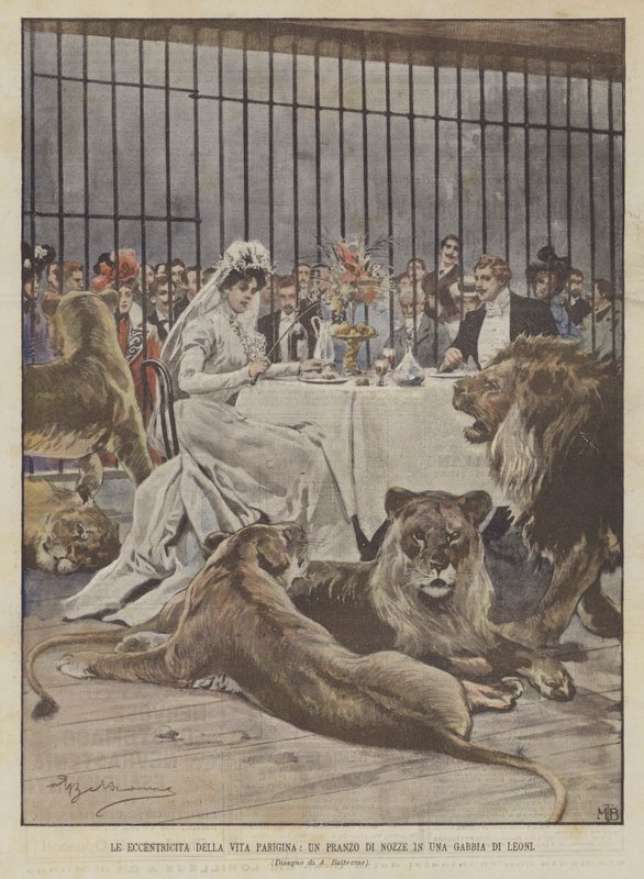 Die Exzentrizitäten des Pariser Lebens, ein Hochzeitsessen in einem Löwenkäfig von Achille Beltrame