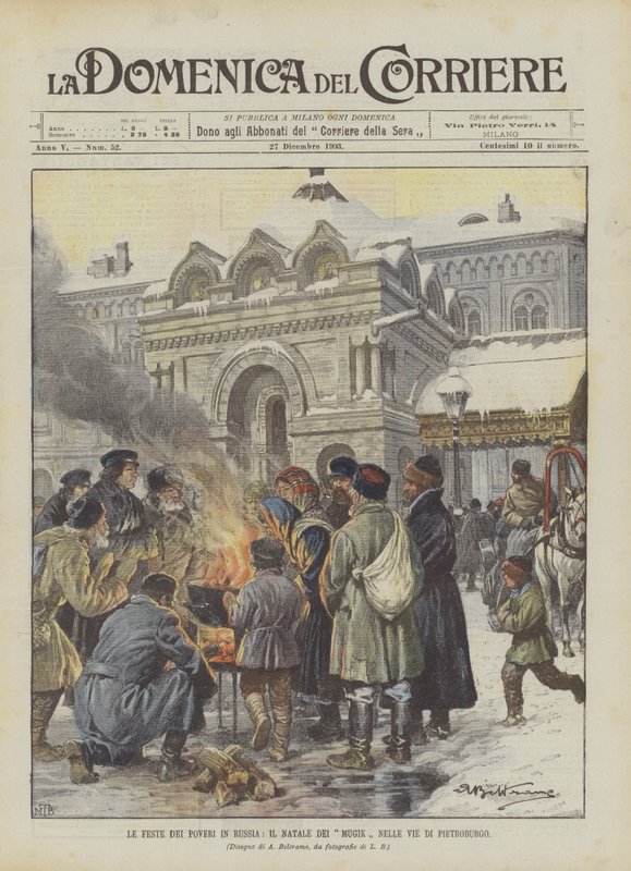 Die Feste der Armen in Russland, das Weihnachtsfest der Bauern auf den Straßen von St. Petersburg von Achille Beltrame