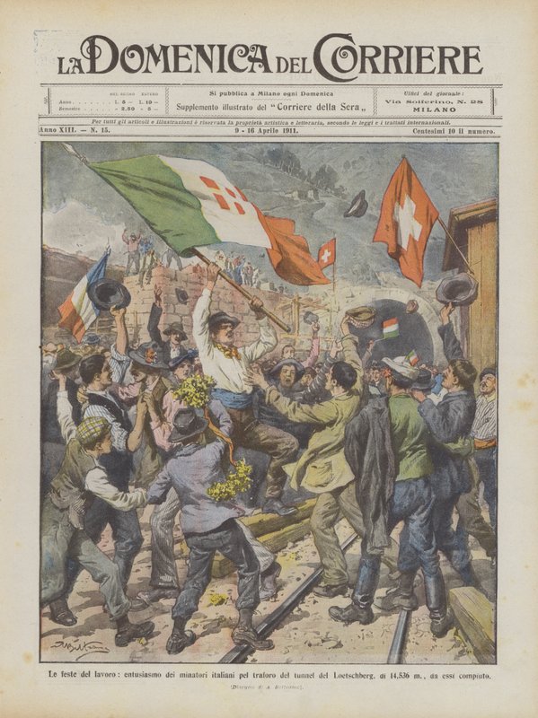 Die Feierlichkeiten der Arbeit, Begeisterung der italienischen Bergleute für den Tunnel des Lötschbergs von Achille Beltrame