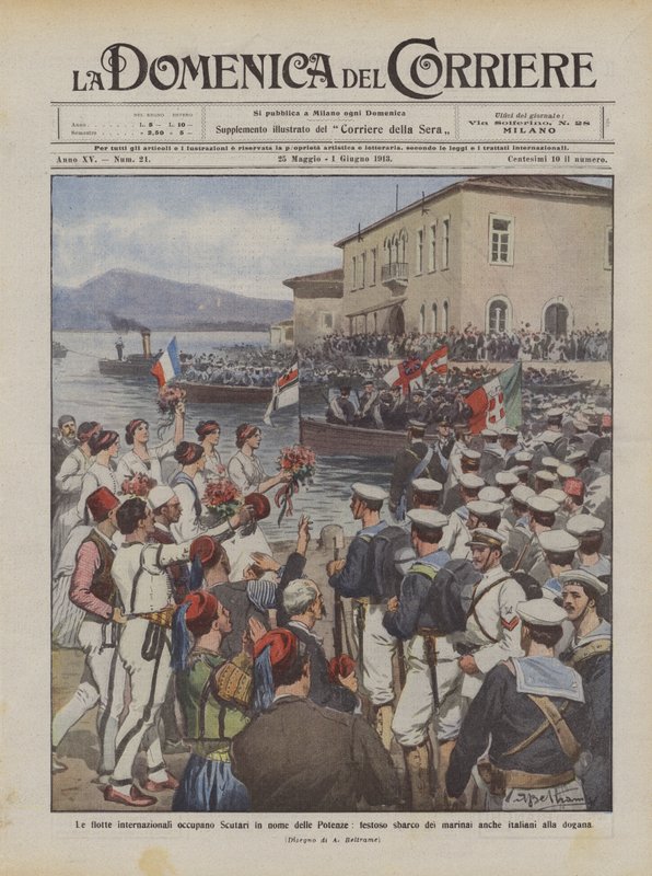 Internationale Flotten besetzen Scutari im Namen der Mächte, freudige Landung der Matrosen von Achille Beltrame