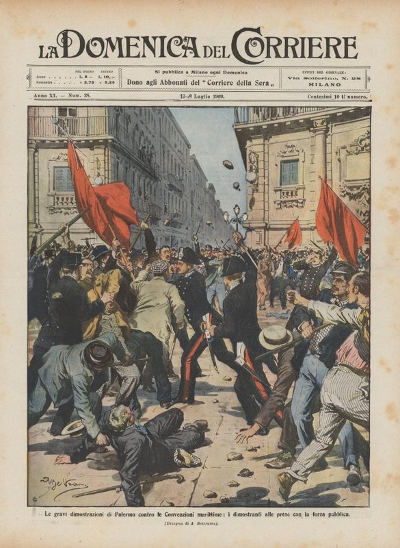 Die schweren Demonstrationen in Palermo gegen die Seeverträge, die Demonstranten im Kampf mit der Polizei von Achille Beltrame