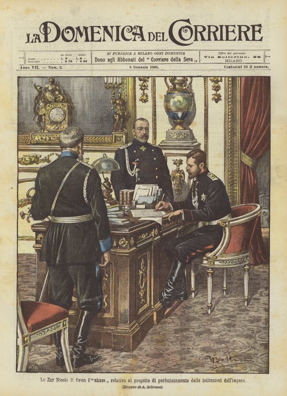Der Zar Nikolaus II. unterzeichnet das Gesetz zur Verbesserung der Institutionen des Reiches von Achille Beltrame