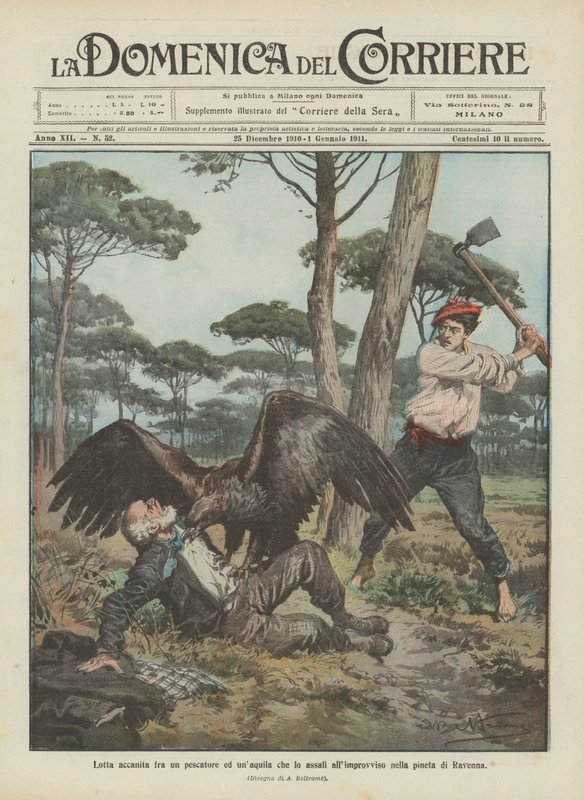 Heftiger Kampf zwischen einem Fischer und einem Adler, der ihn plötzlich im Pinienwald von Ravenna angreift von Achille Beltrame