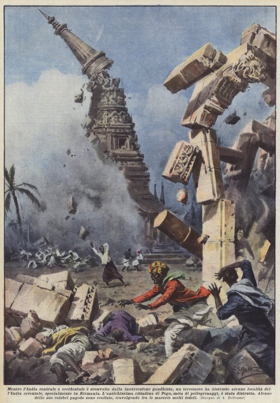 Während Zentral- und Westindien von der Gandhisten-Rebellion erschüttert werden, ein Erdbeben von Achille Beltrame
