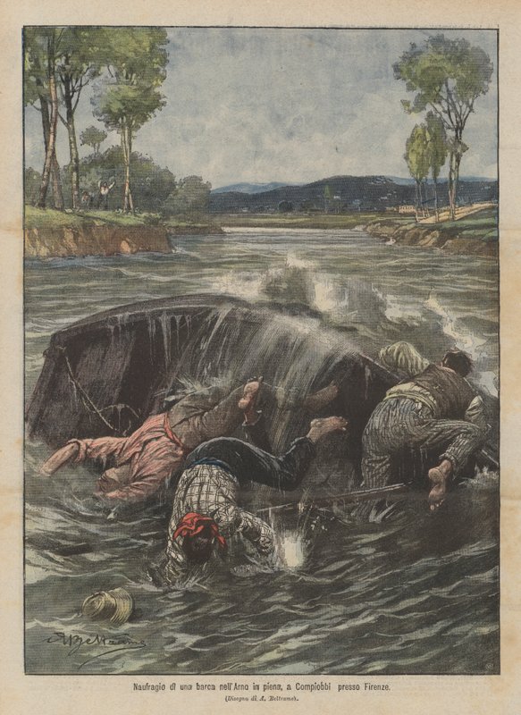 Schiffbruch eines Bootes im Hochwasser des Arno bei Compiobbi in der Nähe von Florenz von Achille Beltrame