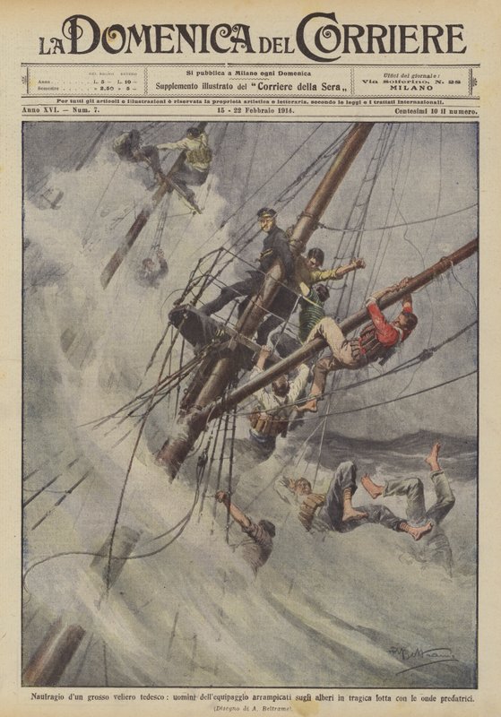 Schiffbruch eines großen deutschen Segelschiffs, Besatzungsmitglieder klettern in tragischer Lage auf die Masten von Achille Beltrame