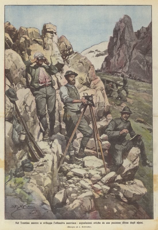Im Trentino, während die österreichische Offensive sich entwickelt, optische Signale von einer von den Alpini verteidigten Position von Achille Beltrame