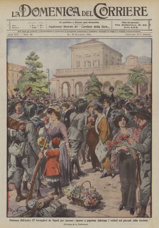 Abreise des heldenhaften II. Bersaglieri von Neapel nach Ancona, Damen und Frauen schmücken die Soldaten mit Blumen von Achille Beltrame