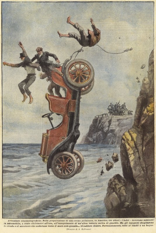 Menschen fallen, als ihr Auto einen Küstenweg verlässt von Achille Beltrame