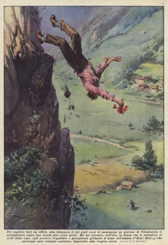 Um Blumen für die Verlobte zu pflücken (die schönen roten Lilien der Berge), ein junger Mann von Achille Beltrame