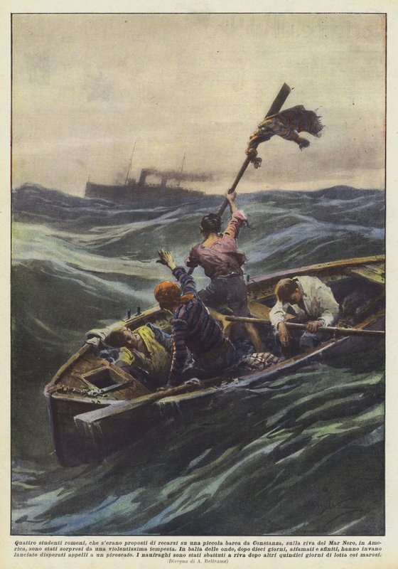 Vier rumänische Studenten, die sich vorgenommen hatten, mit einem kleinen Boot von Constanza? von Achille Beltrame