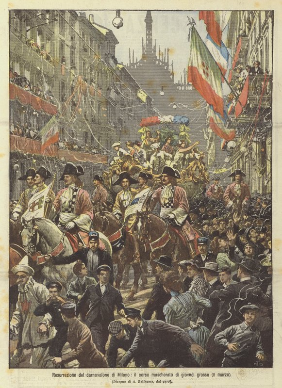 Wiederauferstehung des Karnevals von Mailand, der Maskenumzug am Fettdonnerstag (9. März) von Achille Beltrame