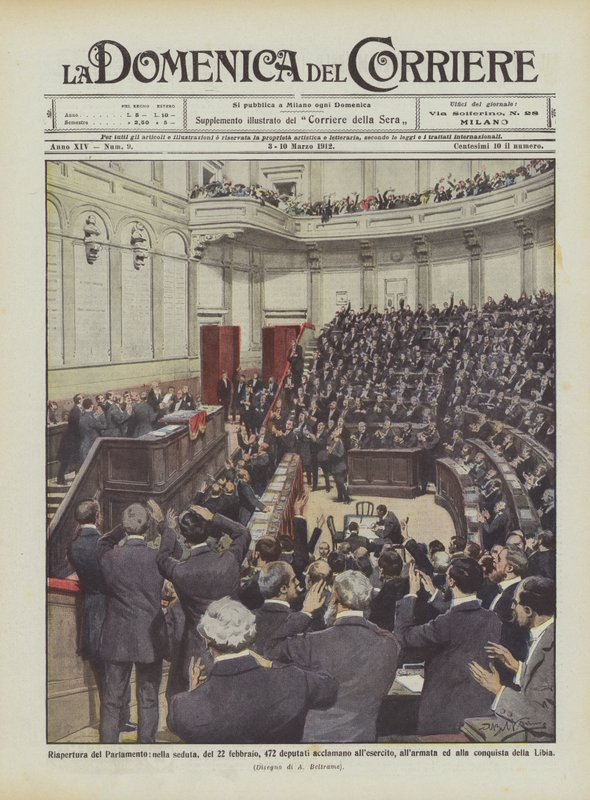 Wiedereröffnung des Parlaments, in der Sitzung vom 22. Februar, 472 Abgeordnete bejubeln die Armee von Achille Beltrame