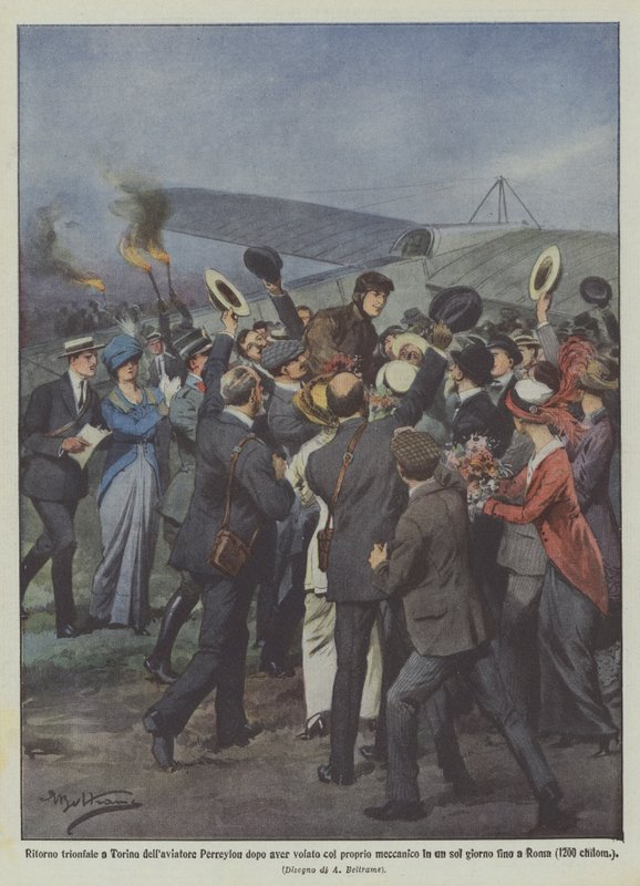 Der triumphale Rückkehr des Fliegers Perreylon nach Turin, nachdem er mit seinem Mechaniker geflogen ist von Achille Beltrame