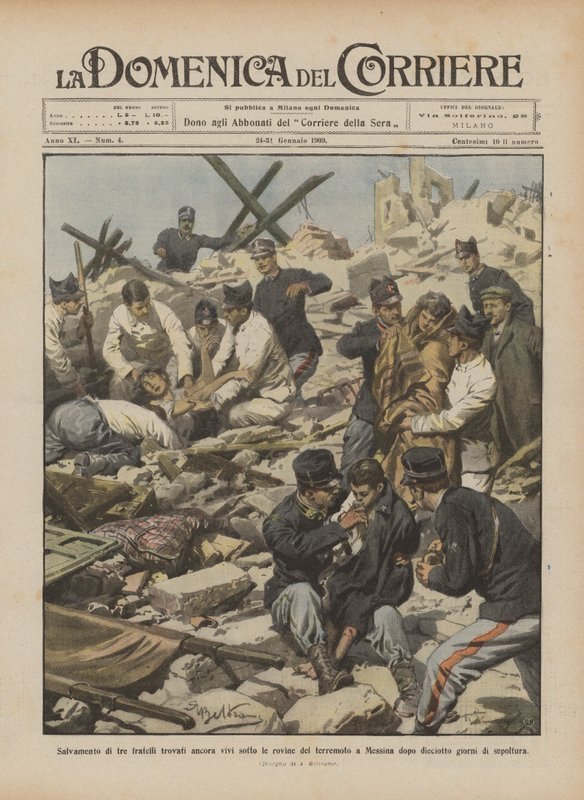 Rettung von drei Brüdern, die nach dem Erdbeben in Messina noch lebend unter den Trümmern gefunden wurden von Achille Beltrame