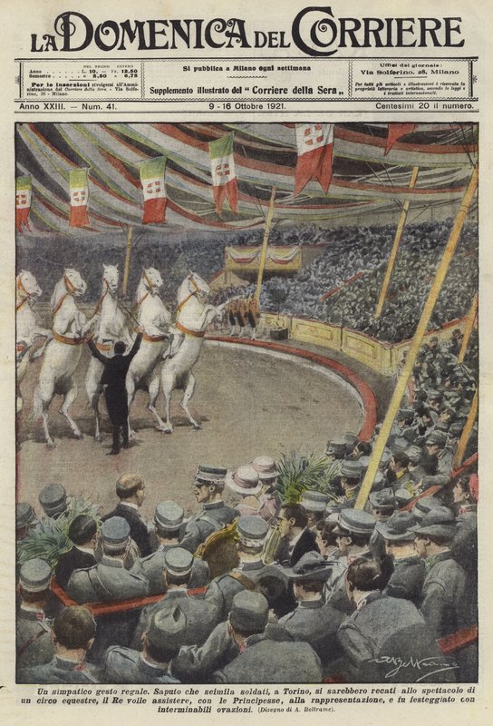 Soldaten beobachten Pferdevorführungen in einem Zirkus in Turin von Achille Beltrame