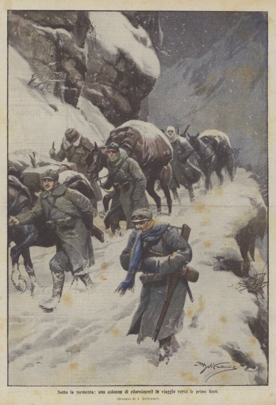 Im Schneesturm, eine Versorgungskolonne auf dem Weg zur Frontlinie von Achille Beltrame