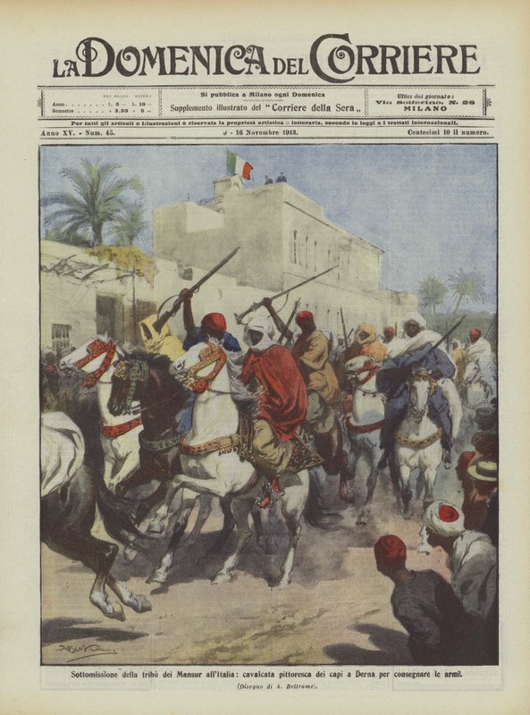 Unterwerfung des Stammes der Mansur an Italien, malerischer Ritt der Anführer in Derna zur Waffenübergabe von Achille Beltrame