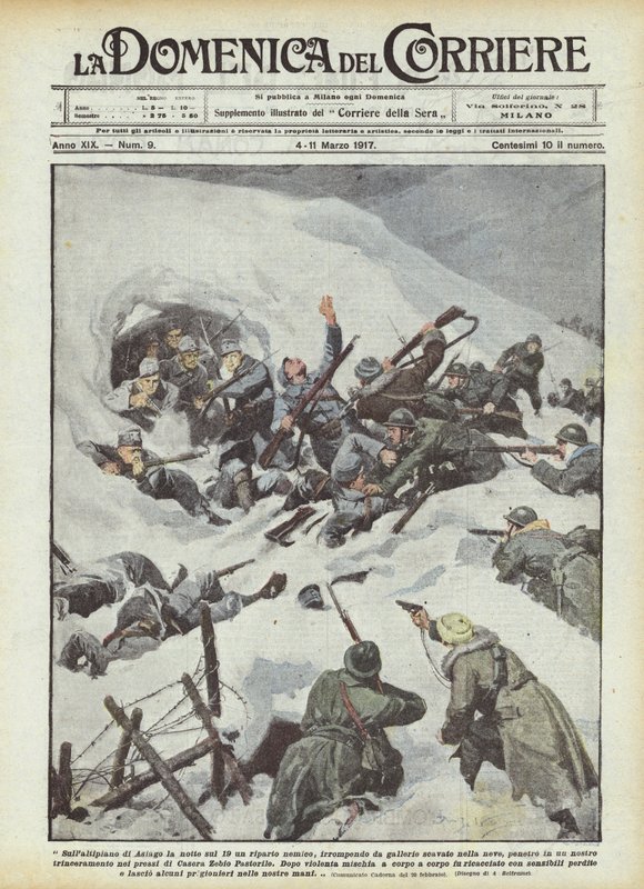 Auf dem Hochplateau von Asiago in der Nacht des 19., ein feindlicher Trupp bricht aus gegrabenen Tunneln hervor... von Achille Beltrame