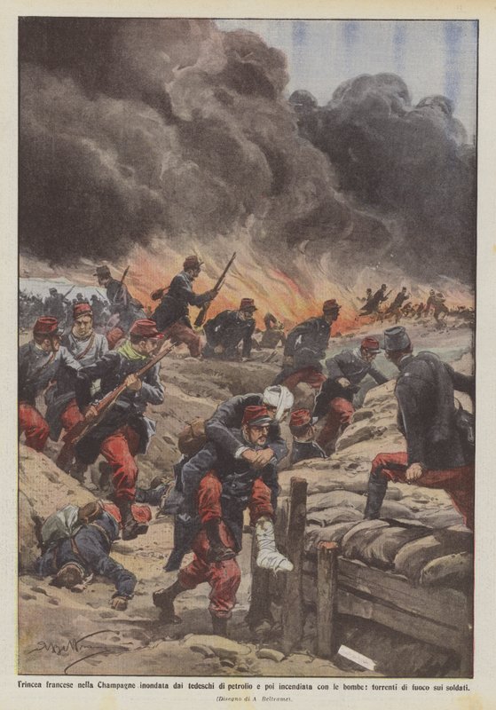Französischer Graben in der Champagne, von den Deutschen mit Öl überflutet und dann mit Bomben in Brand gesetzt von Achille Beltrame
