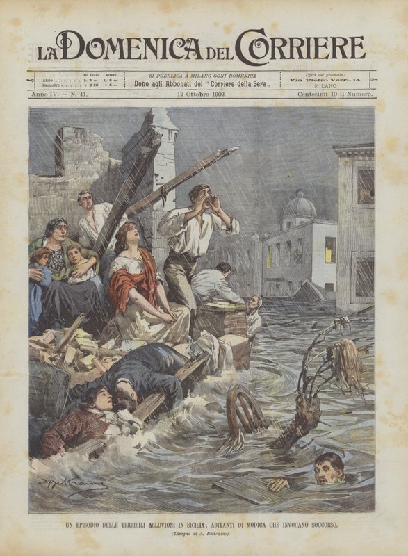 Eine Episode der schrecklichen Überschwemmungen in Sizilien, Bewohner von Modica rufen um Hilfe von Achille Beltrame