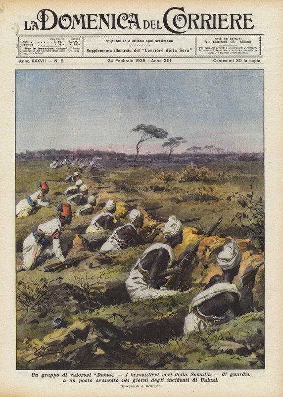 Eine Gruppe tapferer Dubat, die schwarzen Bersaglieri von Somalia, bewachen einen vorgeschobenen Posten von Achille Beltrame